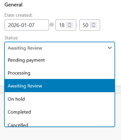Order status dropdown showing the custom "Awaiting Review" status